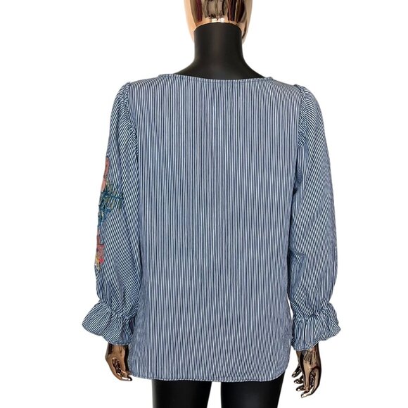 Zara Blue White Striped Embroidered Top Ruffle Sleeve Sequin Detail Medium - Picture 3 of 10